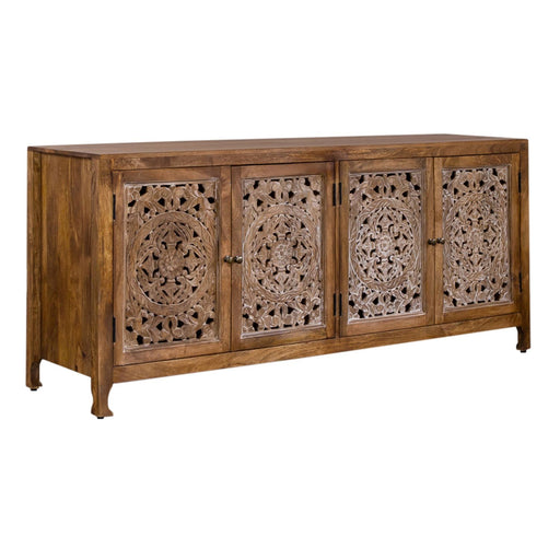 Marisol 74 Inch 4 Door Accent TV Stand in Weathered Honey and Soft Wash Gray - Furniture House (VA)