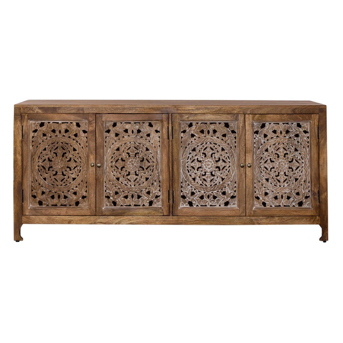 Marisol 74 Inch 4 Door Accent TV Stand in Weathered Honey and Soft Wash Gray - Furniture House (VA)