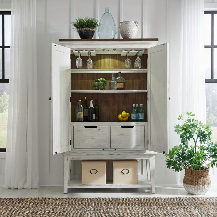 River Place Bar Cabinet in Riverstone White & Tobacco EST SHIP TIME APPX 4 WEEKS - Furniture House (VA)