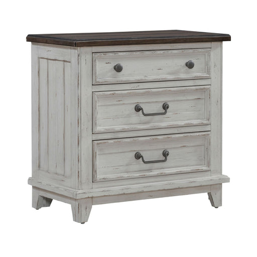River Place 3 Drawer Nightstand with Charging Station in Riverstone White and Tobacco - Furniture House (VA)