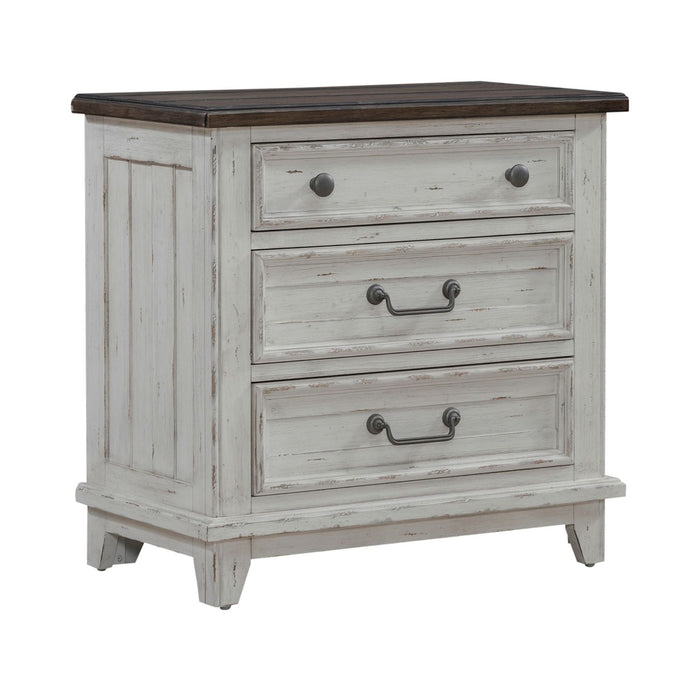 River Place 3 Drawer Nightstand with Charging Station in Riverstone White and Tobacco - Furniture House (VA)