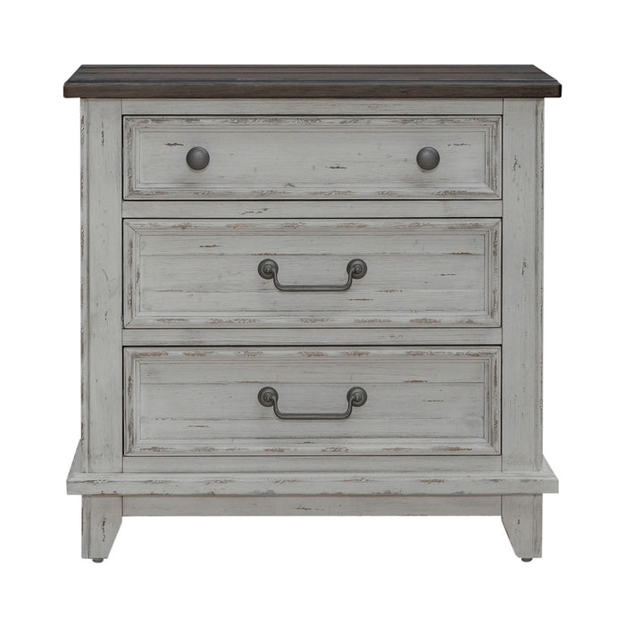 River Place 3 Drawer Nightstand with Charging Station in Riverstone White and Tobacco - Furniture House (VA)