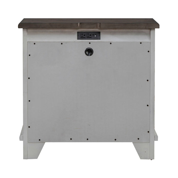 River Place 3 Drawer Nightstand with Charging Station in Riverstone White and Tobacco - Furniture House (VA)