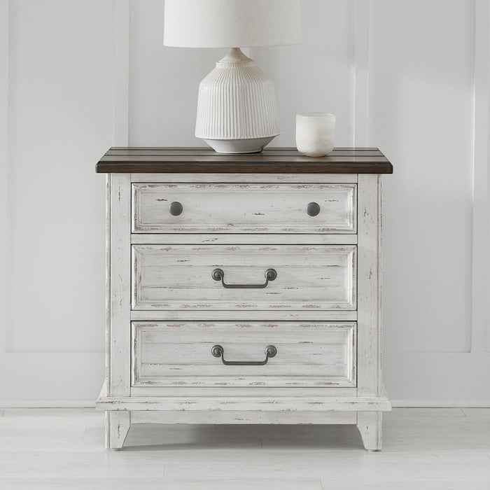 River Place 3 Drawer Nightstand with Charging Station in Riverstone White and Tobacco image