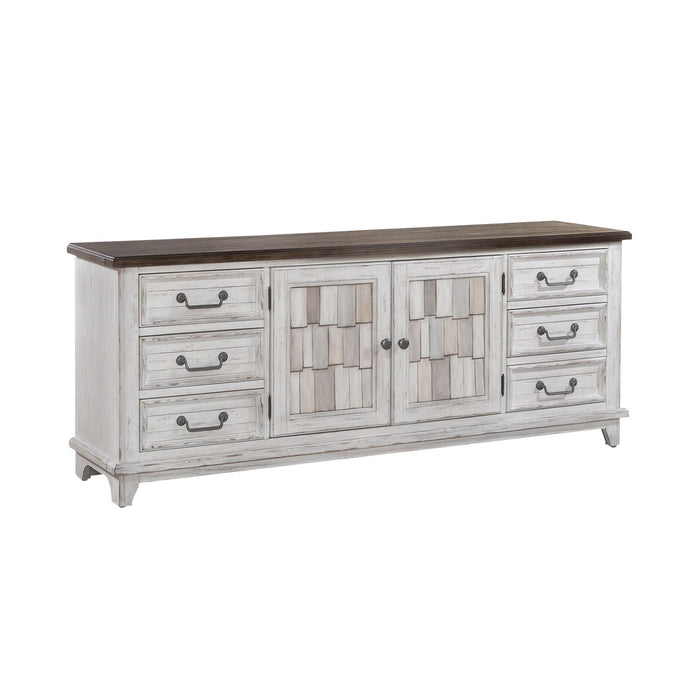 River Place Entertainment Console in Riverstone White/Tobacco - Furniture House (VA)