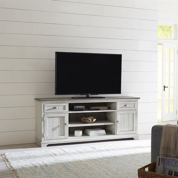 Liberty Furniture Ocean Isle Entertainment Center with Piers in Antique White with Weathered Pine 303W-ENTW-ECP