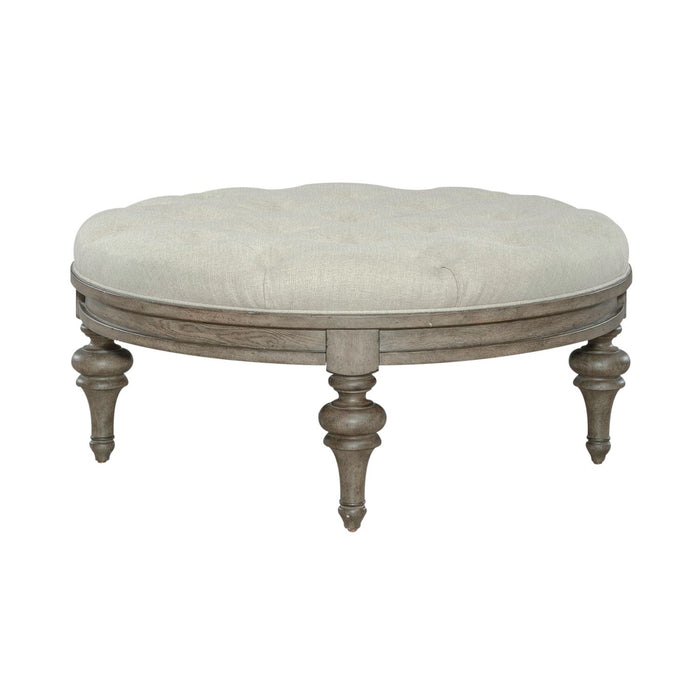 Americana Farmhouse Round Cocktail Ottoman in Dusty Taupe - Furniture House (VA)