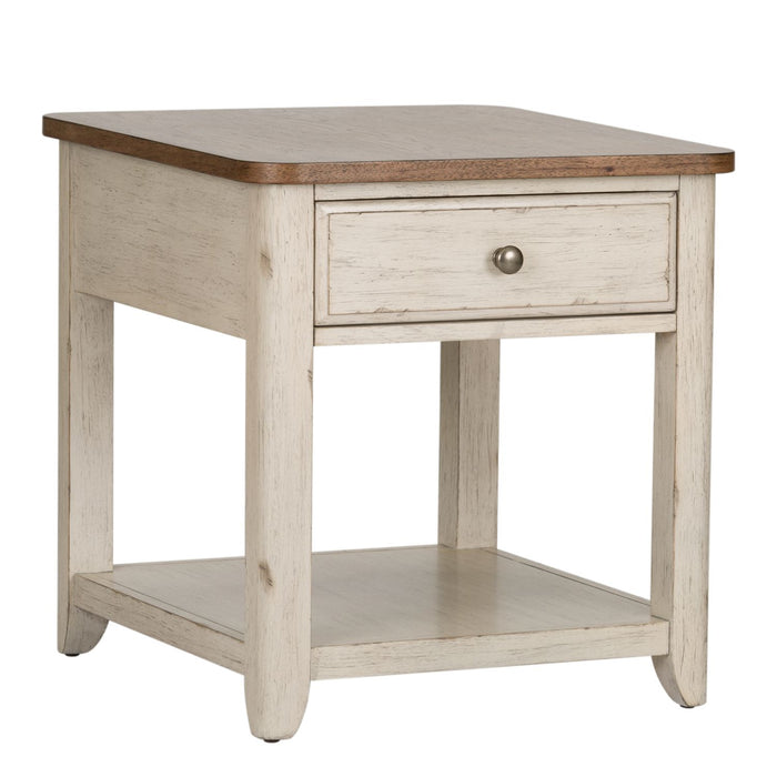 Farmhouse Reimagined End Table with Basket in Antique White - Furniture House (VA)