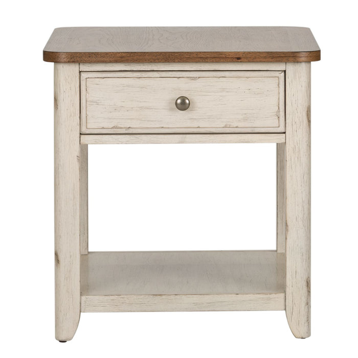 Farmhouse Reimagined End Table with Basket in Antique White - Furniture House (VA)