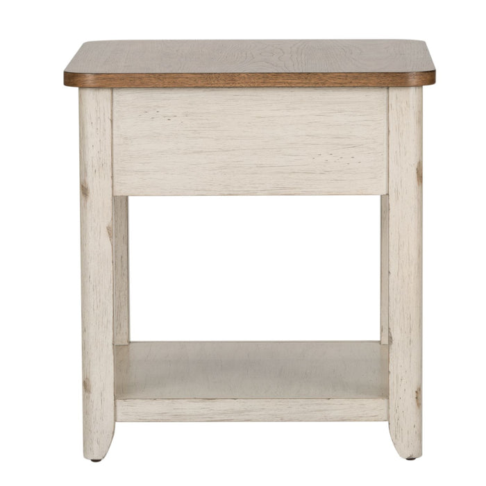 Farmhouse Reimagined End Table with Basket in Antique White - Furniture House (VA)