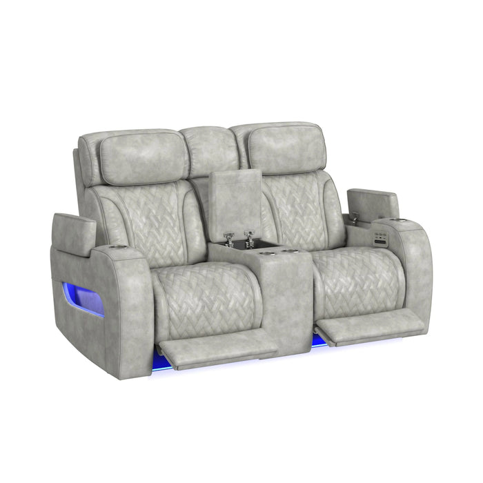 Prime Time P3 3PC Living Room Set with 7 Colors LED in Leather Gel Light Grey-Sofa, Loveseat & Recliner