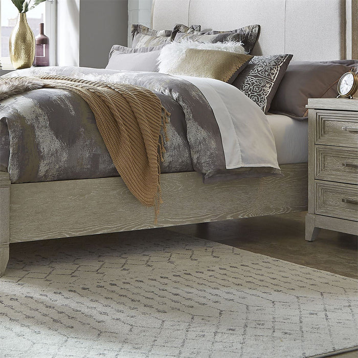 Liberty Furniture Belmar Cal King Upholstered Sleigh Bed in Washed Taupe and Silver Champagne 902-BR-KUB