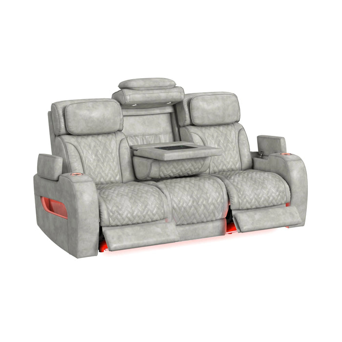 Prime Time P3 Sofa with DDT, 3.0 Table, 7 Colors (LED and Cup Holders), Reading Light, Vibration, speaker, and Heat Massage in Leather Gel Light Grey