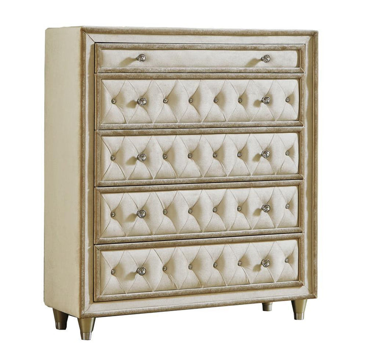 Antonella 5-drawer Upholstered Chest Ivory and Camel - Furniture House (VA)