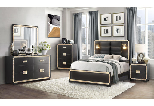 BLAKE BLACK/GOLD KING BED WITH LAMPS, DRESSER, MIRROR, NIGHTSTAND - Furniture House (VA)