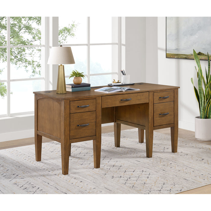 Portico Half Pedestal Desk with Power/USB in Brown Oak
