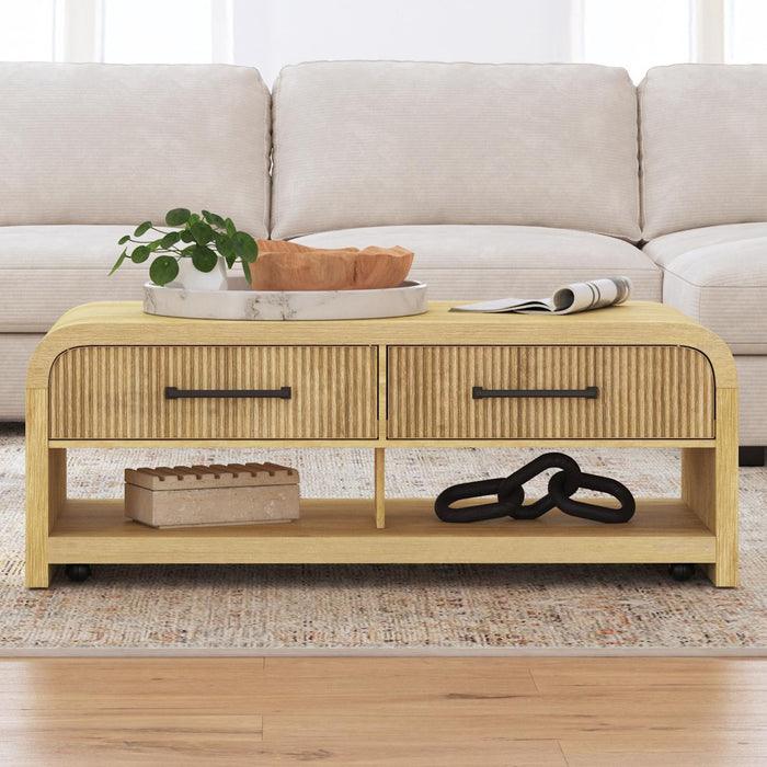 Ridgemont Coffee Table with Casters/Push Through Drawer in Natural - Furniture House (VA)