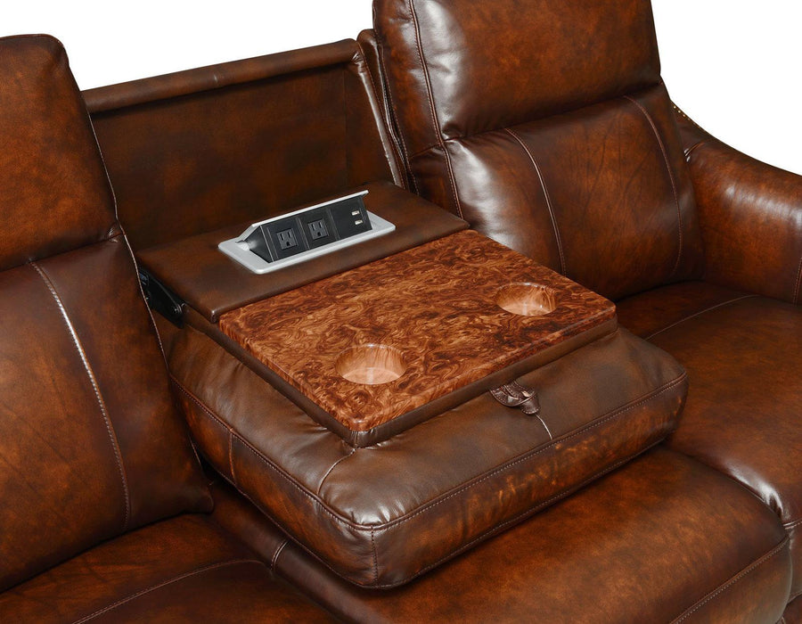 Steve Silver Akari Leather Dual Power Reclining Sofa w/ Dropdown Console in English Chestnut