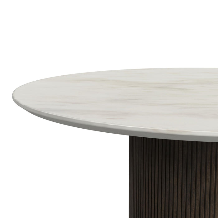 Sylvie Round Coffee Table with White Faux Marble Top and Base in Dark Brown