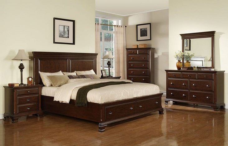 Elements International Canton Cherry Queen Panel Storage Bed in Dark Wood
