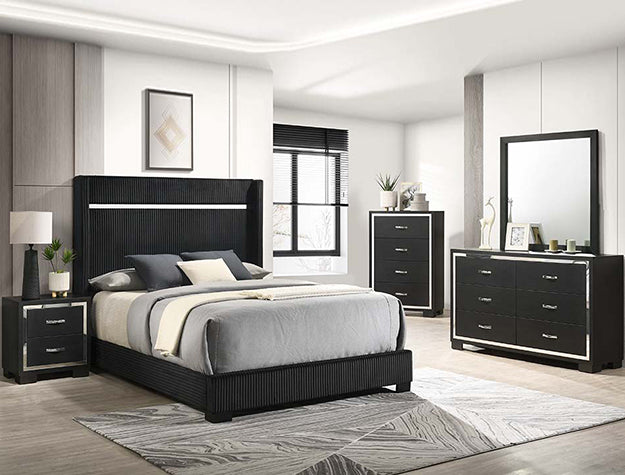 black night stand and dresser set Stria Black Fluted 6-Drawer Dresser & 2 Wide Nightstands Set