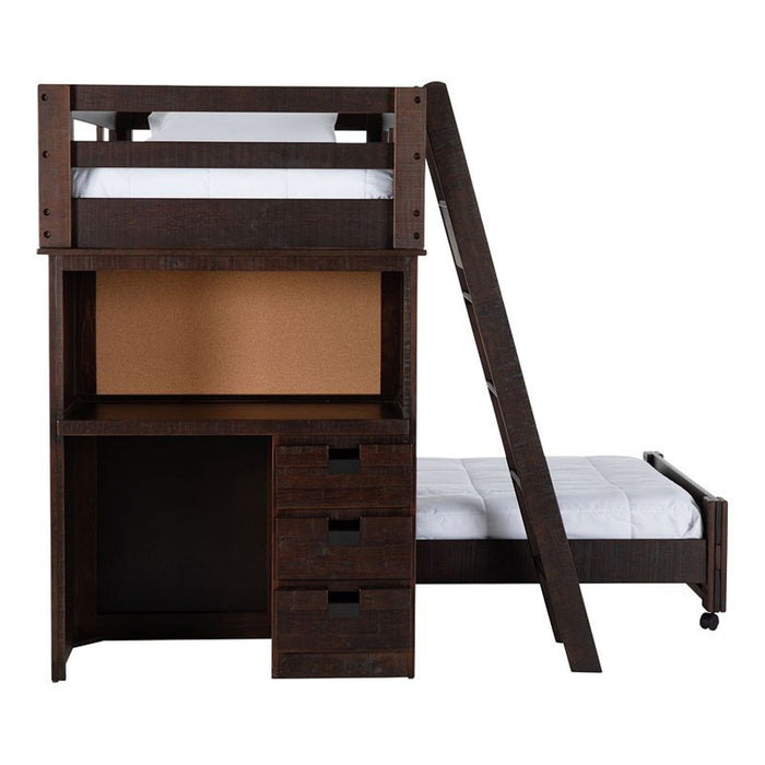 Elements International Vista Twin over Twin Super Loft Bed with Desk and Bookcase in Brown