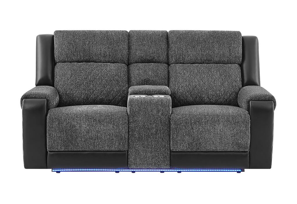 U5915 GREY/BLACK CONSOLE REC LOVESEAT W/IMMERSIVE SOUND & BLUE LED - Furniture House (VA)