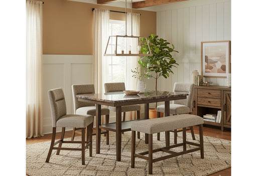 D4355 BROWN BAR TABLE WITH 4 BAR STOOLS AND BENCH - Furniture House (VA)