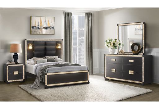 BLAKE BLACK/GOLD KING BED WITH LAMPS, DRESSER, MIRROR, 2 NIGHTSTAND - Furniture House (VA)